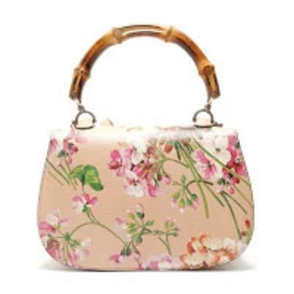 Gucci Bamboo Handbag Floral Leather Shoulder Bag Pink